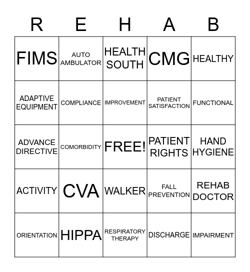 REHAB BINGO Card