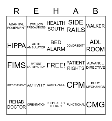 REHAB BINGO Card