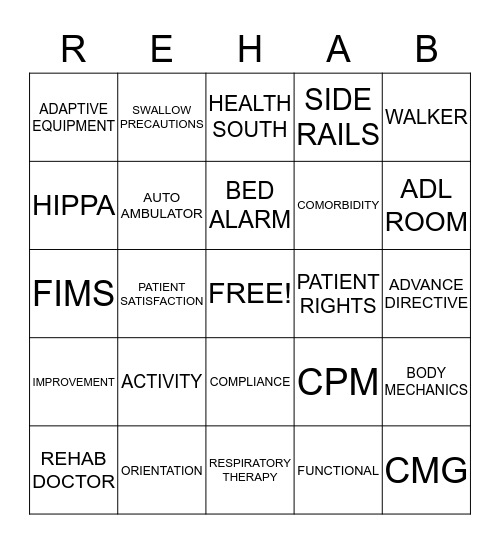 REHAB BINGO Card