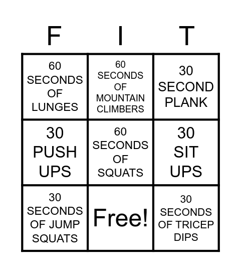 9 PASS FITNESS BINGO Card