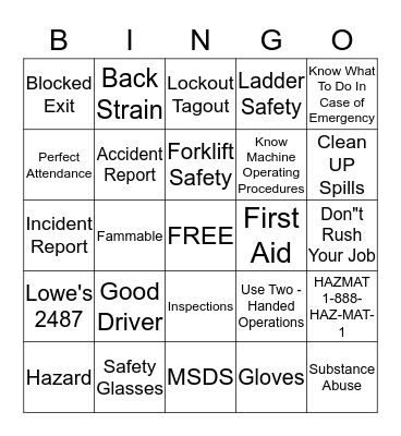 Safety Bingo Game Bingo Card