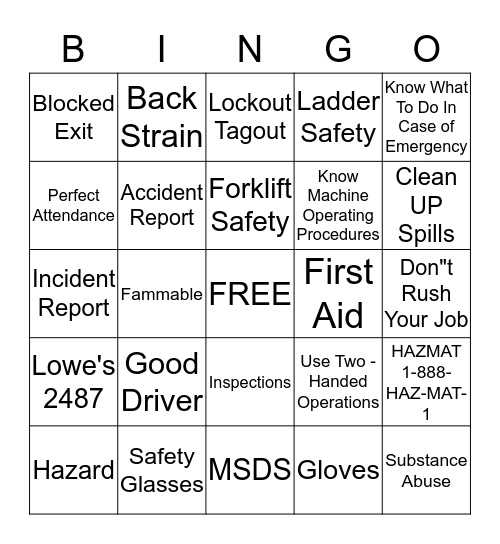 Safety Bingo Game Bingo Card