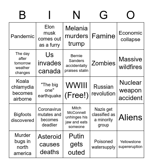 How can 2020 get worse/weirder Bingo Card