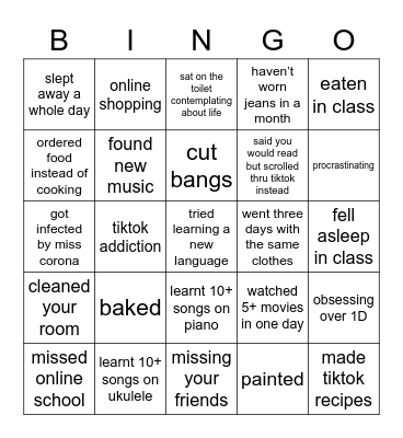my quarantine Bingo Card