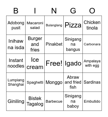 Quarantine Food Bingo Card