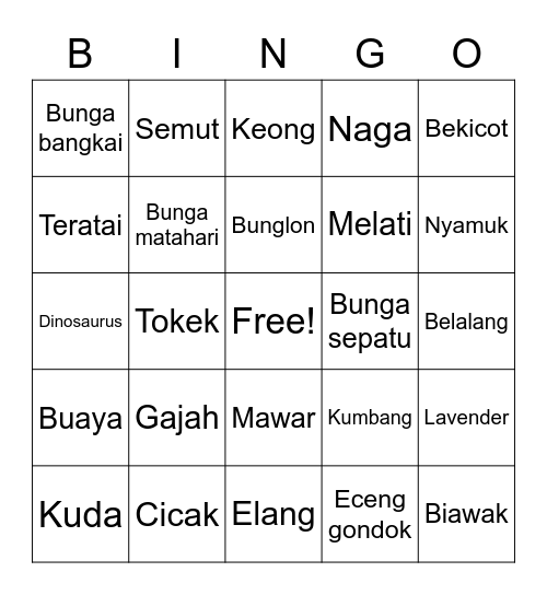 Animals Bingo Card