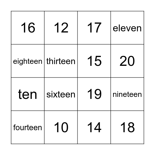 Number Bingo 10-20 Bingo Card