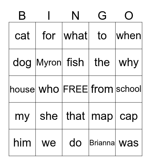 Sight Words Bingo Card