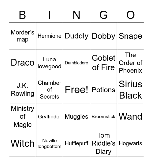 Hogwarts Bingo Card