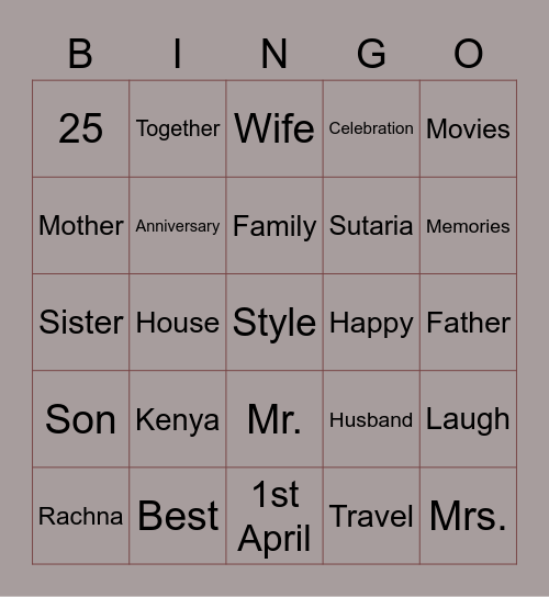 Rita and Sanjay's 25th Wedding Anniversary Bingo Card