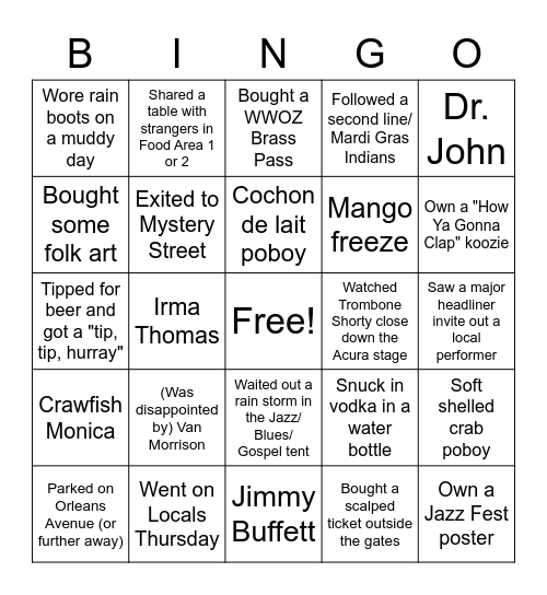 JAZZ FEST BINGO Card