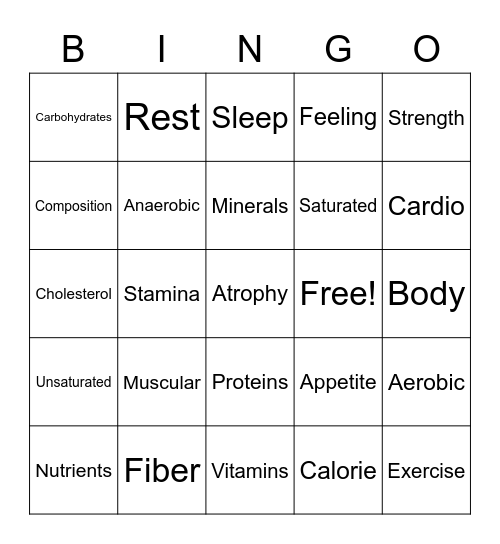 Nutrition and Health Bingo Card