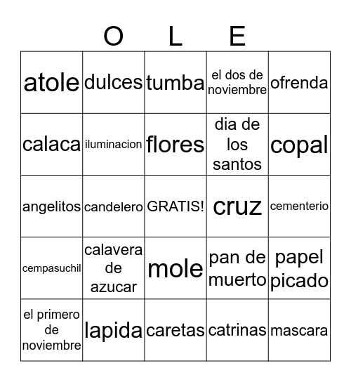 Dia de los muertos Bingo Card