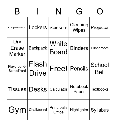 Things in a Classroom Bingo Card