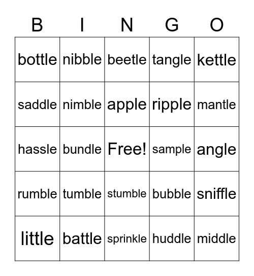 Final Stable Syllable Bingo Card