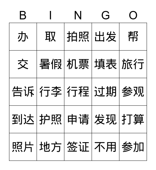 MYP3 旅游1 Bingo Card