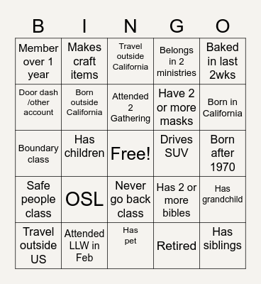 Greeters Bingo Card