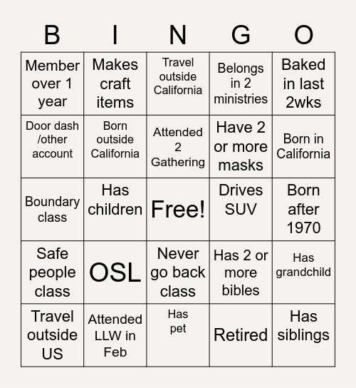 Greeters Bingo Card