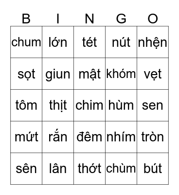 BÀI ÔN 1- 3 NOUNS DANH TỪ Bingo Card