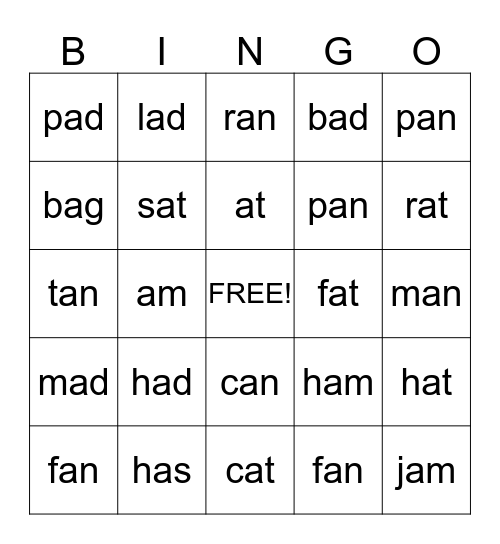 short vowel a words Bingo Card