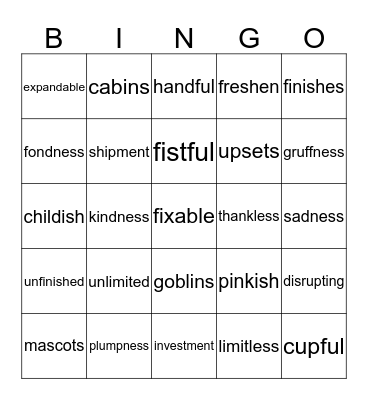 SUFFIXES Bingo Card