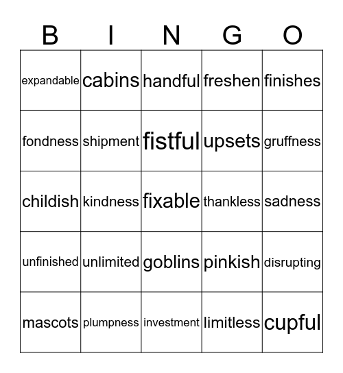 SUFFIXES Bingo Card