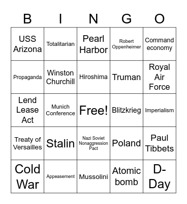 Rise of Dictators and World War II Bingo Card