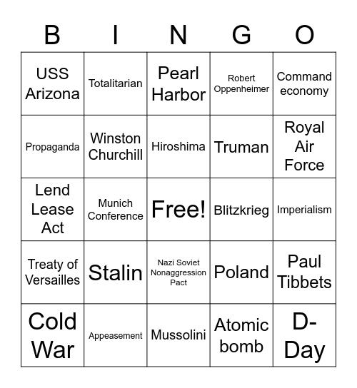 Rise of Dictators and World War II Bingo Card