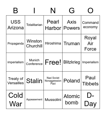 Rise of Dictators and World War II Bingo Card