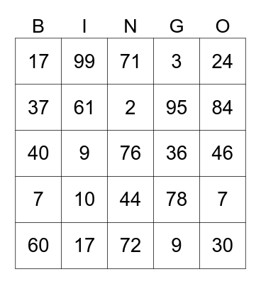 NUMBER Bingo Card