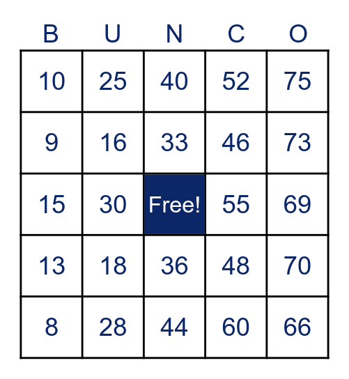 Virtual Bingo Bunco! Bingo Card