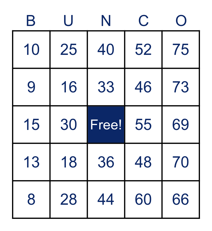 VIRTUAL BINGO BUNCO! Bingo Card