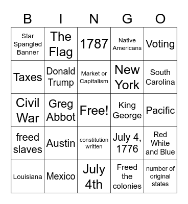 Lessons 1-5 Citizenship Bingo Card