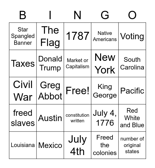 Lessons 1-5 Citizenship Bingo Card