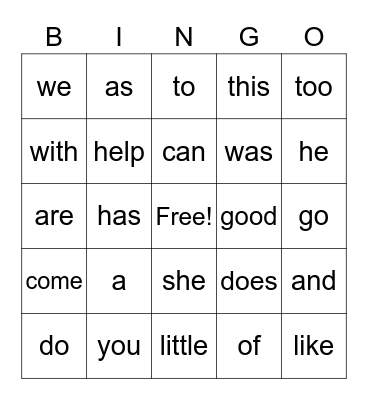 Kindergarten Sight Words Bingo Card