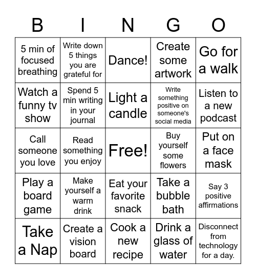 DIGITAL Self-Care BINGO CHALLENGE Bingo Card