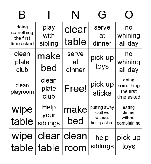 Chore Bingo Card