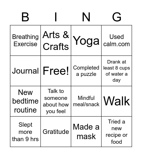 Self-Care Bingo Card