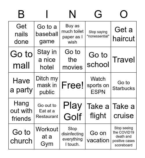 Things to do after Quarantine! Bingo Card