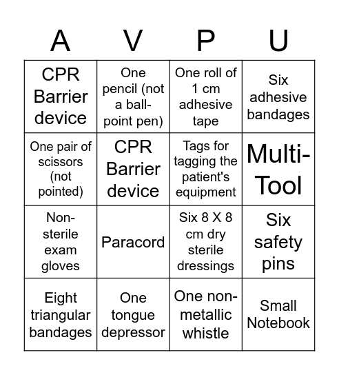 Ski Patroller First Aid Kit Bingo Card