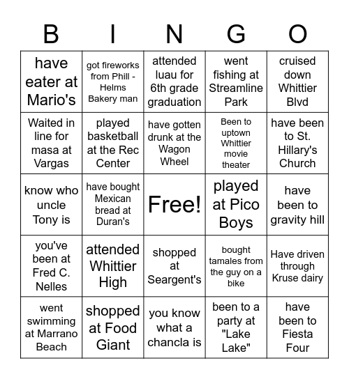 Growing up in Whittier/Pico Rivera Bingo Card