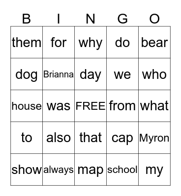 Sight Words Bingo Card
