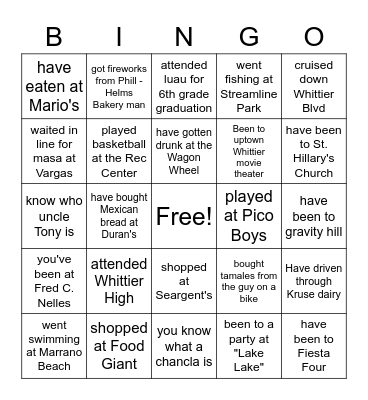 Growing up in Whittier/Pico Rivera Bingo Card