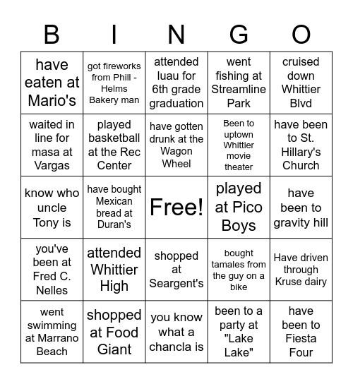 Growing up in Whittier/Pico Rivera Bingo Card