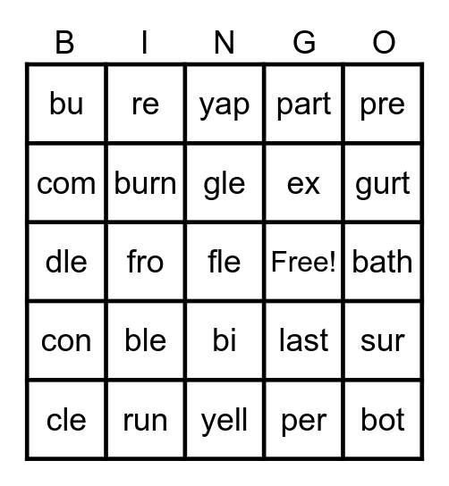 Syllable Type Bingo Card