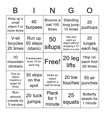 Staying Active Bingo Card