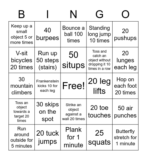 Staying Active Bingo Card