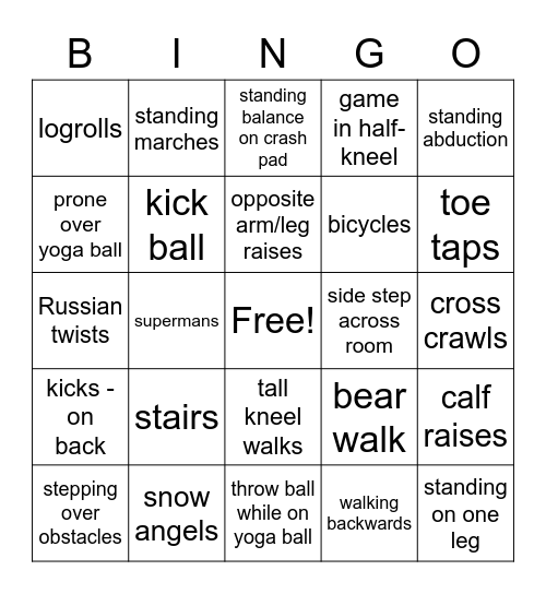 Levi's Exercise Bingo Card