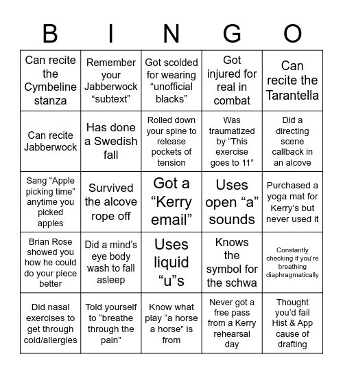 Adelphi Actor Bingo Card
