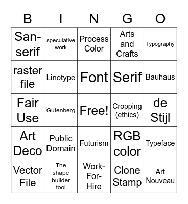 Graphic Arts Vocabulary Review Bingo Card